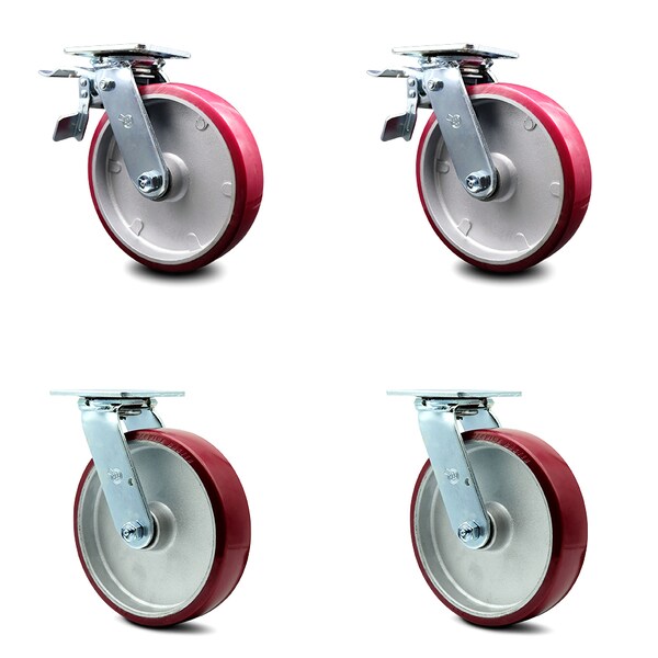 8 Inch Poly on Aluminum Swivel Caster Set with Ball Bearing 2 Total Lock Brake